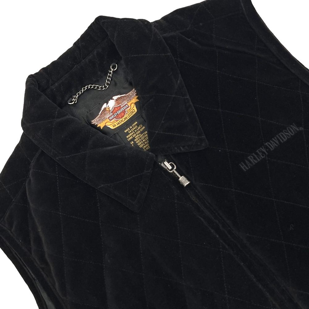 HARLEY DAVIDSON Women's XL Black Velour Quilted Full-Zip Lined Vest Embroidered